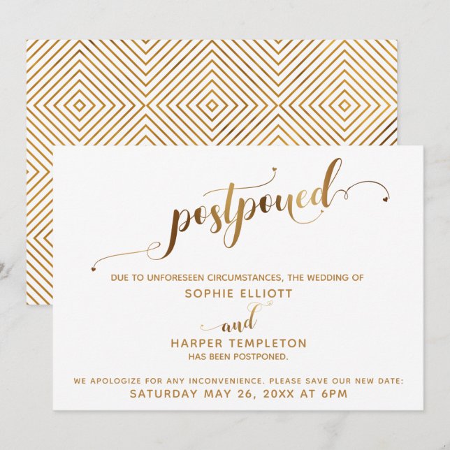 Invitation Détails du Mariage reporté Gold Hearts Calligraphi (Devant / Derrière)