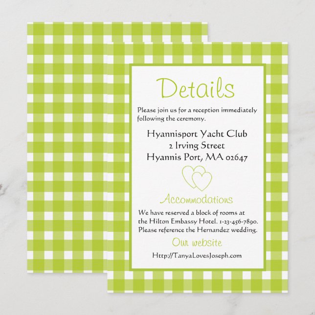 Invitation Détails du Mariage rustique En vichy Green Plaid P (Devant / Derrière)