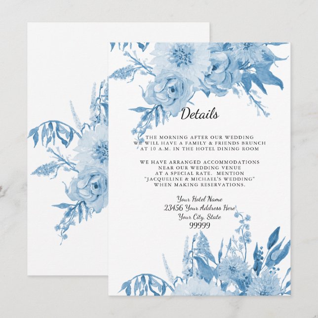 Invitation Détails n Hotel Elegant Light Blue n White Floral (Devant / Derrière)