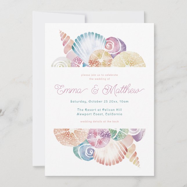 Invitation Détails sur le Mariage Watercolor Seashell Back, Q (Devant)