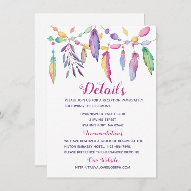 Invitation Détails sur les Mariages de Boho Plumes d'Indiens  (Devant / Derrière)