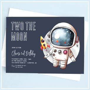 Invitation Deux à la Lune Moderne Bleu 2e Anniversaire