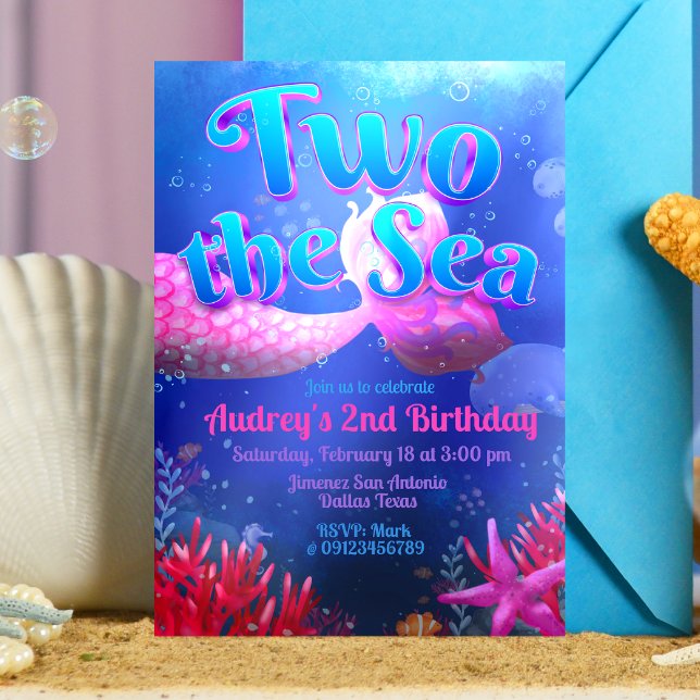 Invitation Deux à la mer - Sirène (Two the Sea - Girl Mermaid 2nd Birthday Invitation )