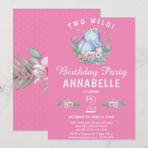 Invitation Deux adorables éléphants tropicaux rose