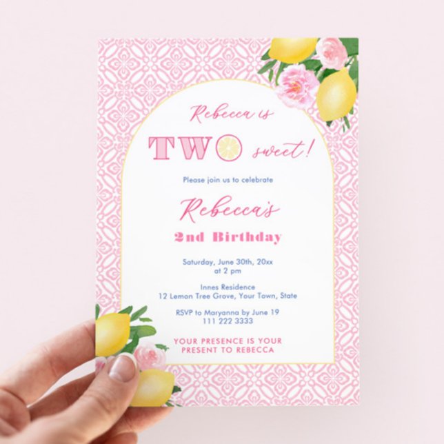 Invitation Deux agrumes doux Fleurs roses 2e fête d'anniversa (Two sweet lemons 2nd birthday party invitations for girl featuring watercolor pink florals and tiles)