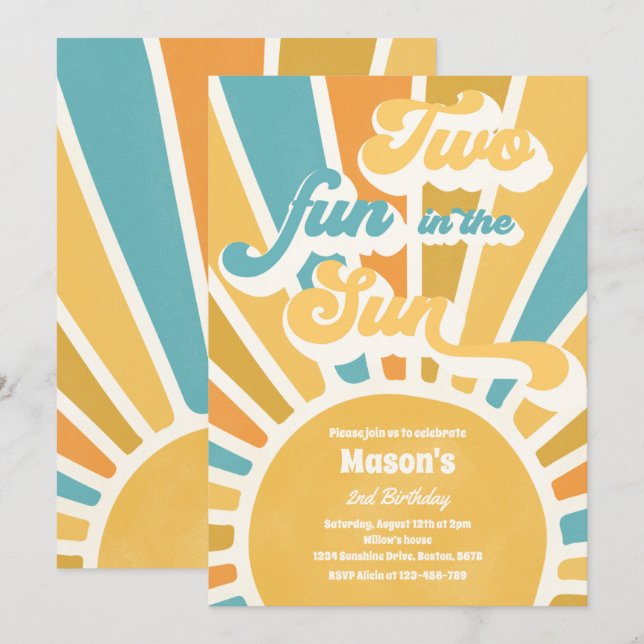 Invitation Deux Amusement Au Soleil Soleil 2e Anniversaire Bl (Devant / Derrière)