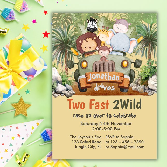 Invitation Deux Animaux Safari Fast 2Wild Car 2e anniversaire (Créateur téléchargé)