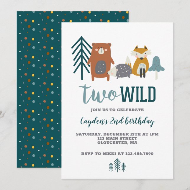 Invitation Deux animaux sauvages de forêt deuxième anniversai (Devant / Derrière)