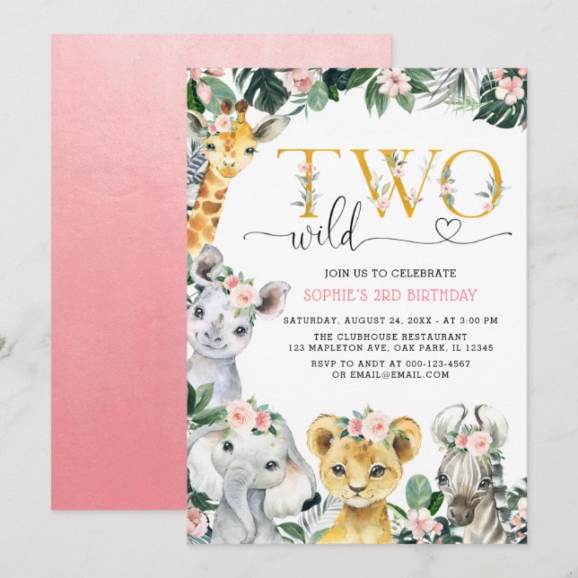 Invitation Deux animaux sauvages de la Jungle Safari 2e anniv (Devant / Derrière)