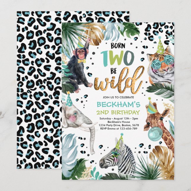 Invitation Deux animaux sauvages Safari 2e fête d'anniversair (Devant / Derrière)