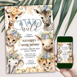 Invitation DEUX animaux sauvages Safari Boy 2e anniversaire