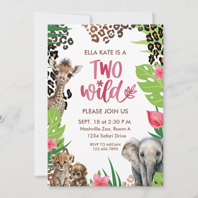 Invitation Deux animaux sauvages Safari fille 2e fête d'anniv (Devant)