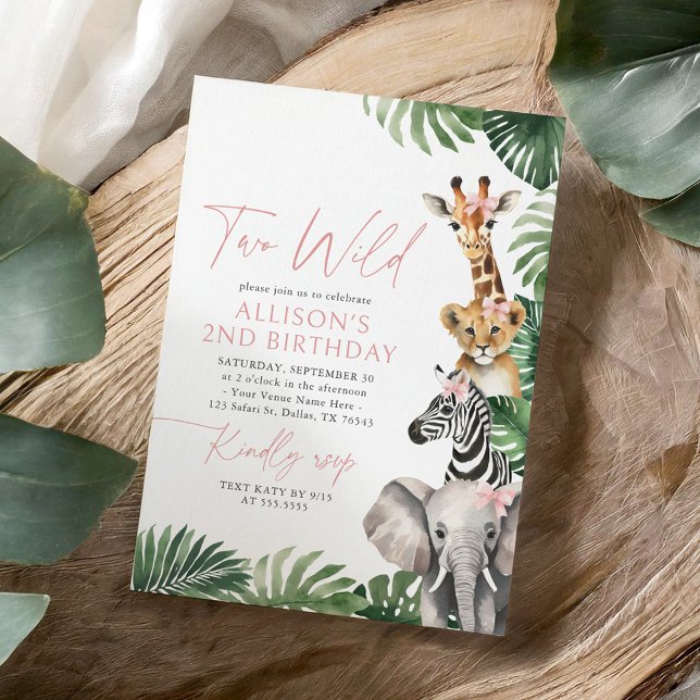 Invitation Deux animaux sauvages Safari Girl 2e anniversaire (Créateur téléchargé)