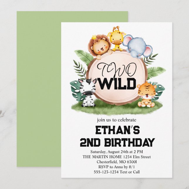 Invitation Deux animaux sauvages Safari Jungle 2e fête d'anni (Devant / Derrière)