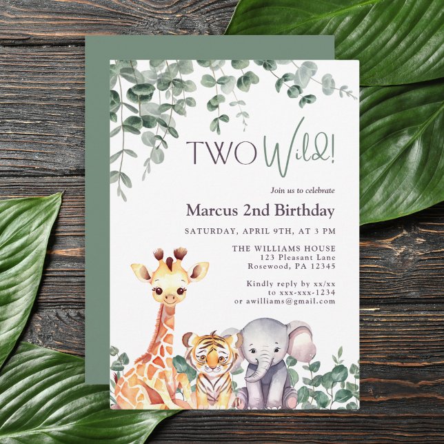 Invitation Deux Aquarelles Sauvages Safari Animaux Deuxième a (Créateur téléchargé)