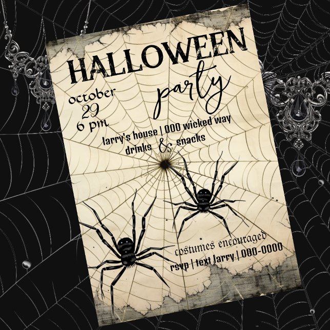 Invitation Deux araignées noires sur le Web araignée | Antiqu (Black spiders, spider web, customizable Halloween Party invitation. )