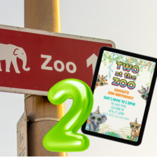 Invitation Deux au zoo, animal de fête avec un anniversaire S