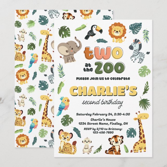 Invitation Deux au Zoo Animal Safari fête d'anniversaire (Devant / Derrière)