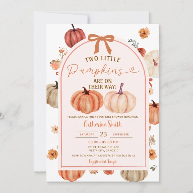 Invitation Deux Automne Boho citrouille jumeaux baby shower (Devant)