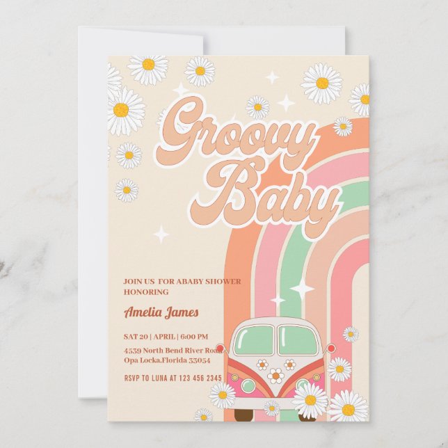 Invitation Deux baby shower Super Rose Daisy Rainbow Van (Devant)