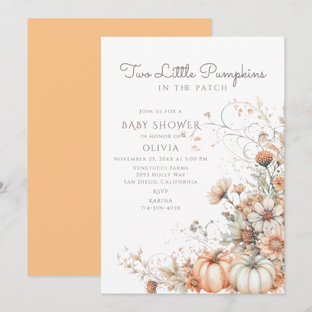 Invitation Deux Baby showers Citrouille (Devant / Derrière)