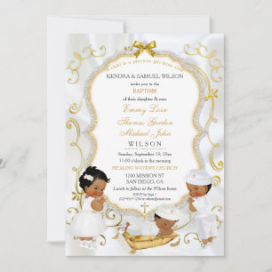 Invitation Deux bébés garçons et fille Baptême Christening Or