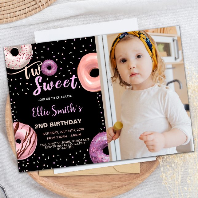 Invitation Deux beignets noirs rose doux photo Donut Annivers (Two Sweet Black Pink Photo Donut Birthday Invitation)