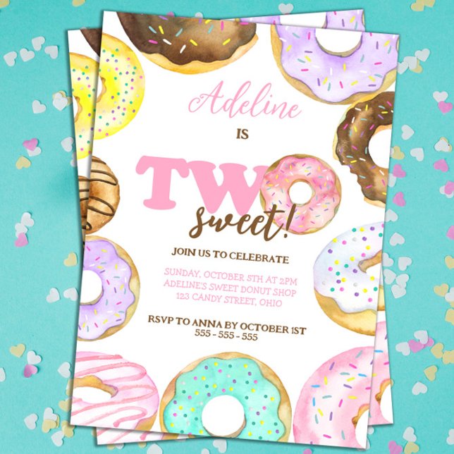 Invitation Deux beignets sucrés 2e anniversaire fille aquarel (2nd Birthday Invitation Donuts Two Sweet)