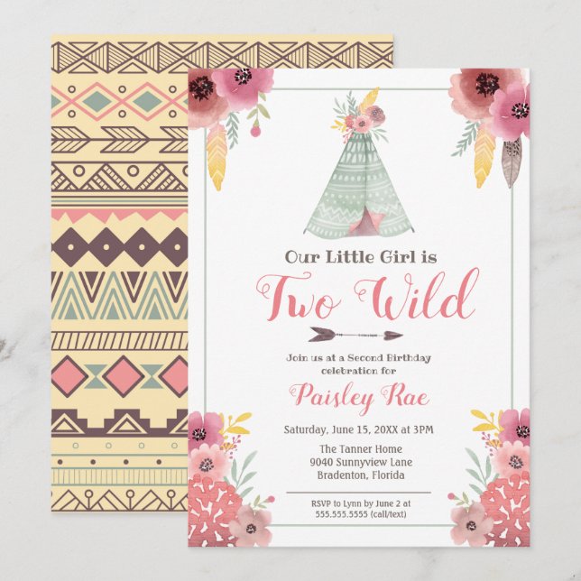 Invitation Deux Boho Filles sauvages Deuxième anniversaire (Devant / Derrière)