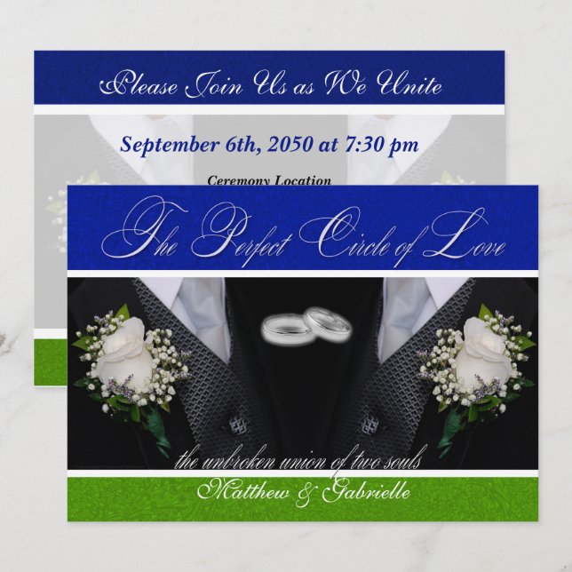 Invitation Deux chambres Gay Mariage ou civil Union Blue Gree (Devant / Derrière)