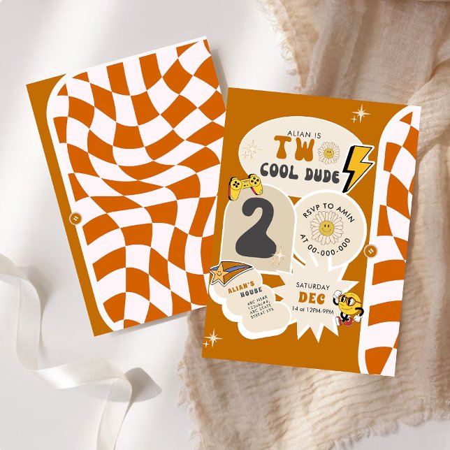 Invitation Deux Cool | Garçons 2e À damiers rétro Anniversair (Créateur téléchargé)