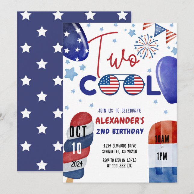 Invitation Deux Cool Juillet 4 Rouge, Bleu Blanc 2e Anniversa (Devant / Derrière)