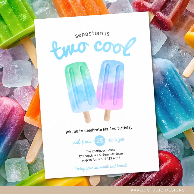 Invitation Deux Cool Popsicle fête d'été anniversaire (Invite shown in 5 x 7 inches, choose size, paper and corner style. Buy print or digital invitations.)