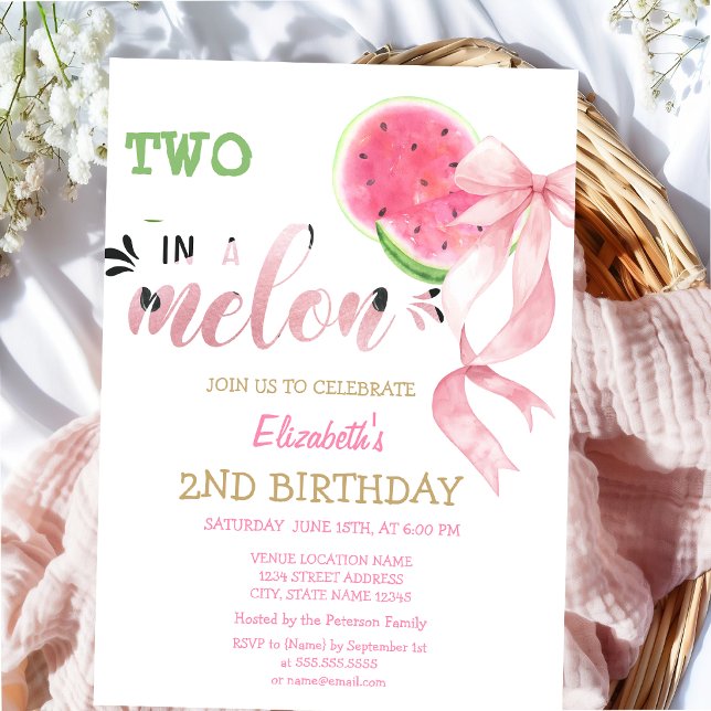 Invitation Deux dans un melon Pastèques Arc rose 2e anniversa (Créateur téléchargé)
