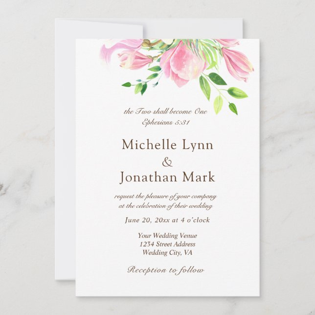 Invitation Deux Deviendront Un Magnolia Rose Chrétien (Devant)