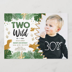 Invitation Deux Dino Party Boy Gold Dinosaur 2e anniversaire