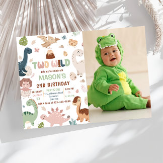 Invitation Deux Dinosaures mignon sauvages 2e anniversaire Ph