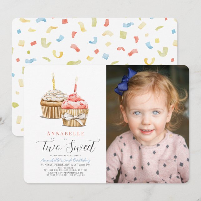 Invitation Deux douce fille Cupcake 2e anniversaire Photo (Devant / Derrière)
