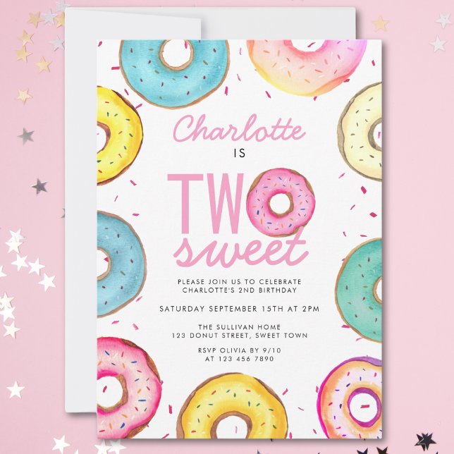 Invitation Deux douces aquarelles Donuts 2e anniversaire (Créateur téléchargé)