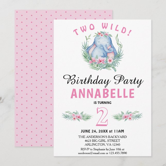 Invitation Deux éléphants tropicaux sauvages rose fête d'anni (Devant / Derrière)