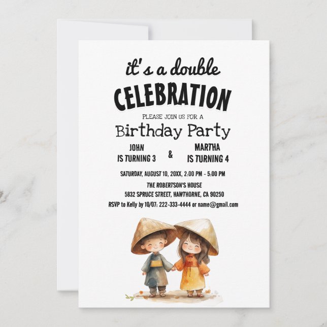 Invitation Deux Enfants Oriental East Asia Double Anniversair (Devant)