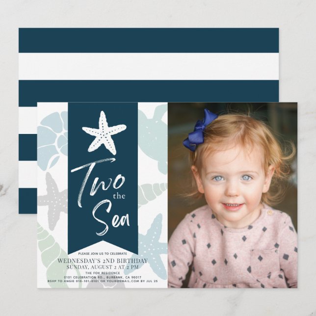 Invitation Deux étoiles de mer Marine Bleu 2e anniversaire Ph (Devant / Derrière)