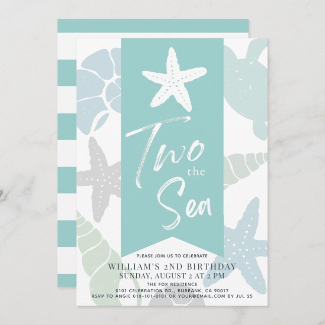 Invitation Deux étoiles de mer Turquoise 2e anniversaire (Devant / Derrière)