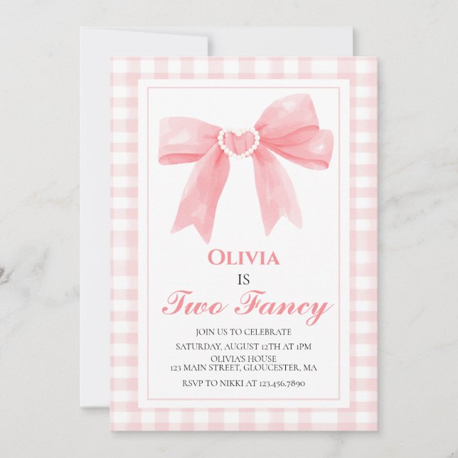 Invitation Deux Fancy Pink Bow preppy Coquette 2e anniversair (Devant)