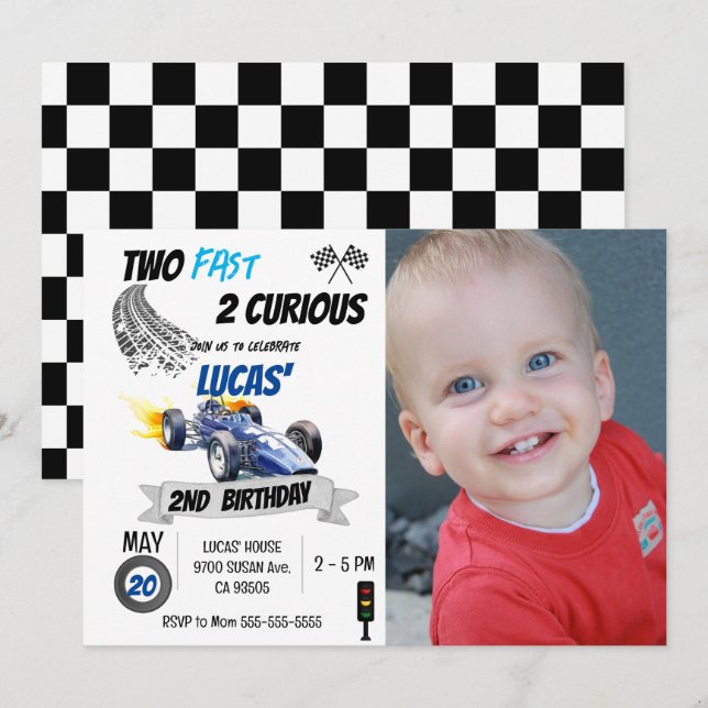 Invitation Deux Fast 2 Curieux Photo Race Car 2e Anniversaire (Devant / Derrière)