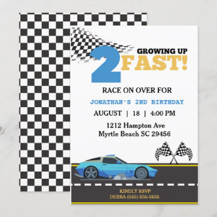Invitation Deux Fast Blue Race Car Boy 2e fête d'anniversaire