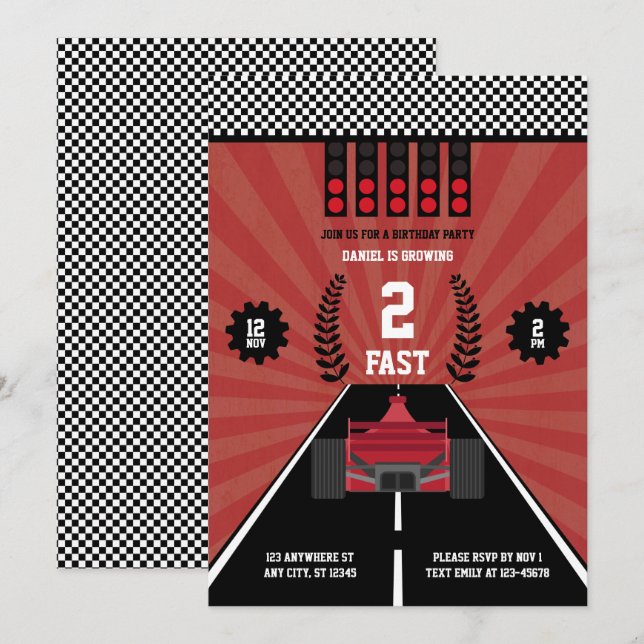 Invitation Deux Fast Deuxième Anniversaire Thème Boy Racing F (Devant / Derrière)
