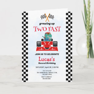 Invitation Deux Fast Dinosaur Race Car 2e fête d'anniversaire