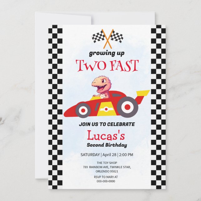 Invitation Deux Fast Dinosaur Race Car 2e fête d'anniversaire (Devant)