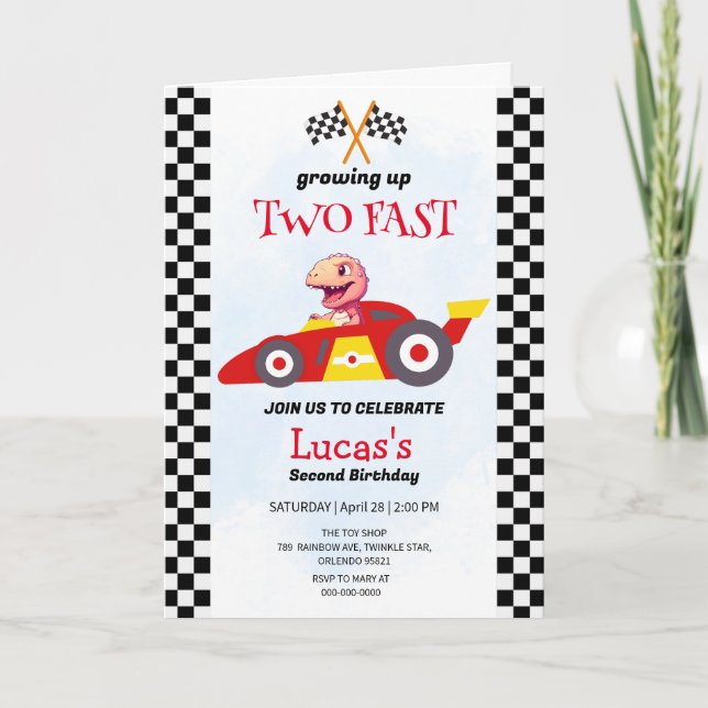 Invitation Deux Fast Dinosaur Race Car 2e fête d'anniversaire (Devant)